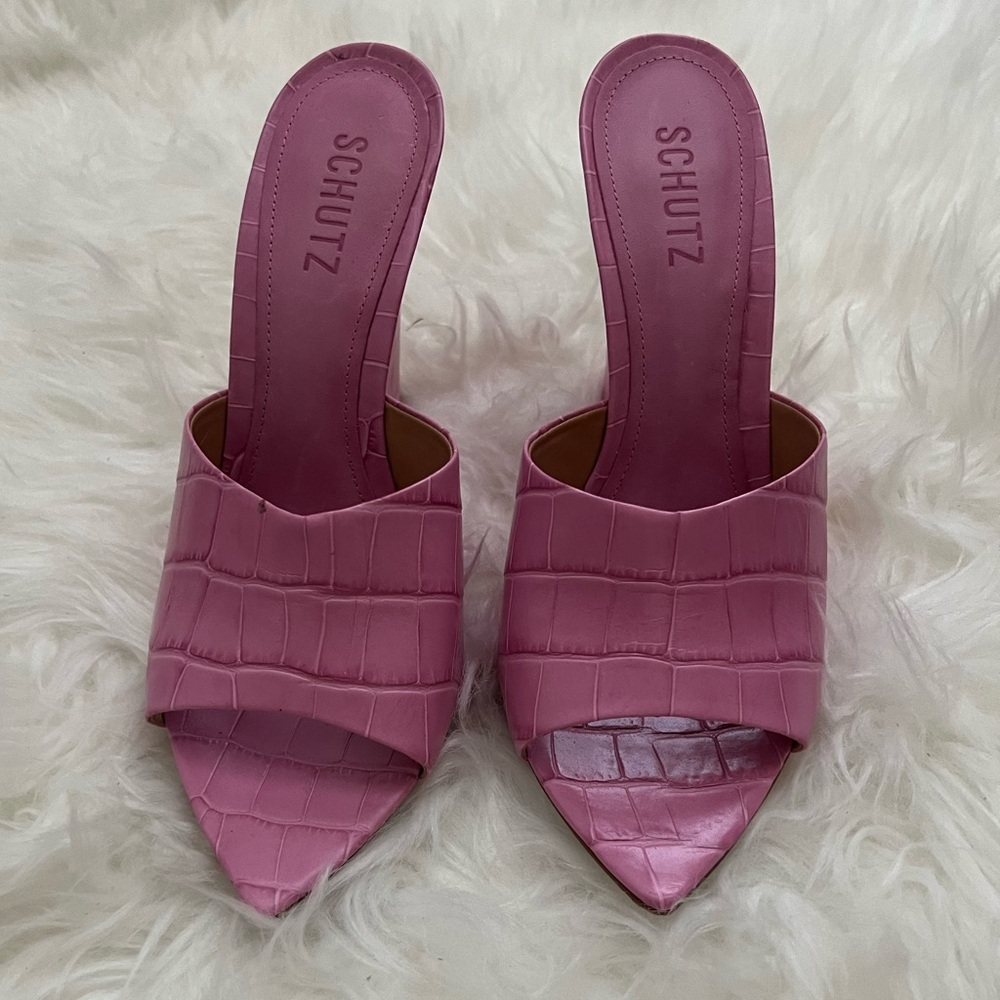 SCHUTZ Mauve Pink Croc-Embossed Pointed Toe Mule Sandals